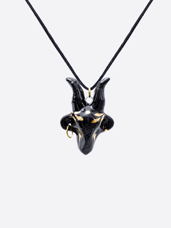 Ceramic Goat Pendant Black with Gold Detailing